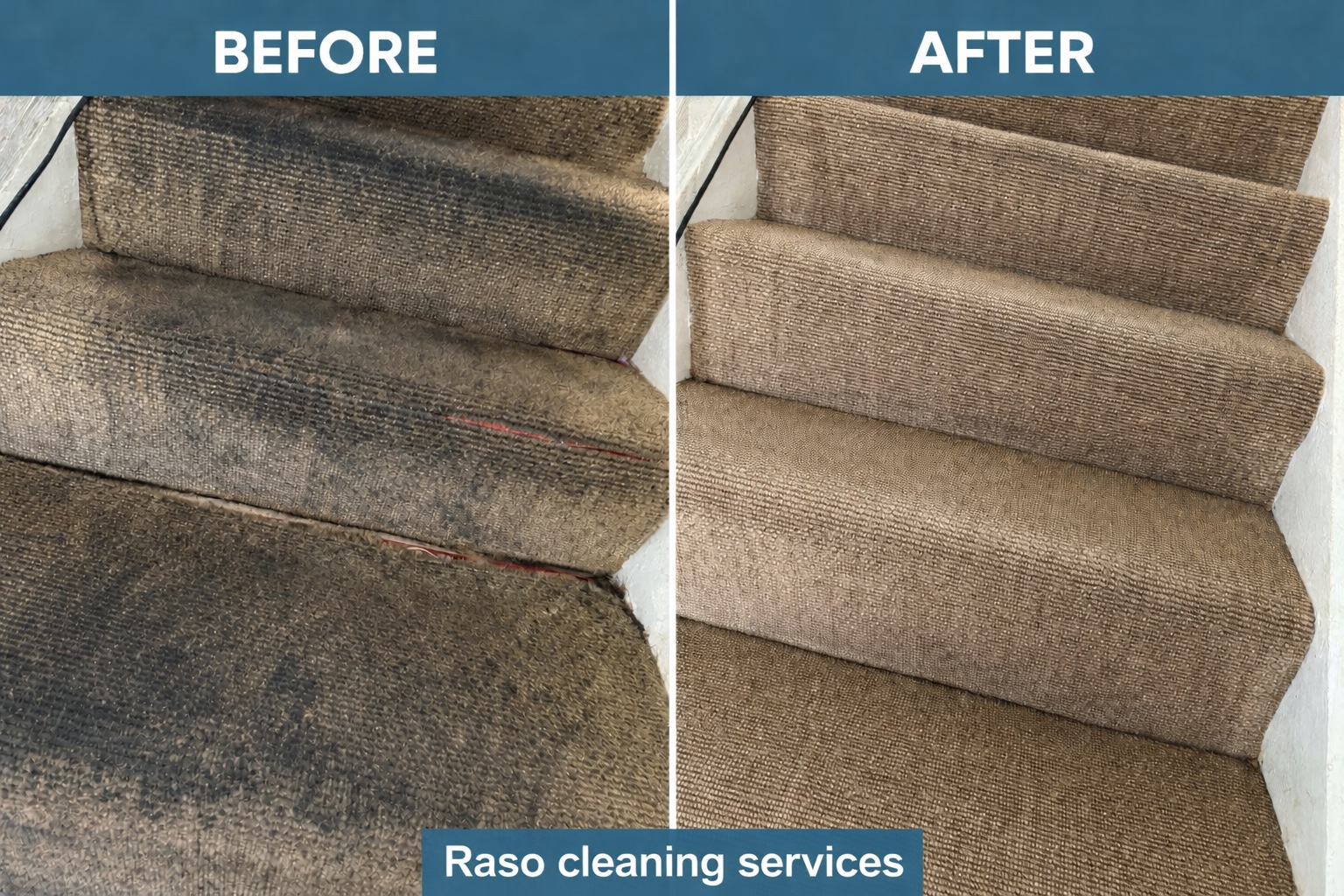 Stair carpet cleaning before and after result by RASO Cleaning Services